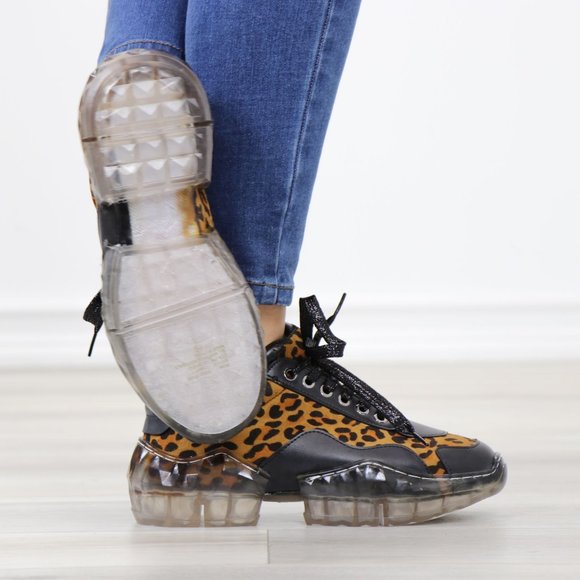 Animal Leopard Print Women's Fashion Chunky Heel Sneakers Shoes - Picture 5 of 15